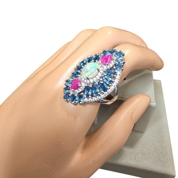 Carol Brodie Vintage Sterling Silver Blue Topaz Opal Stone Ring Size 9 - Picture 3 of 4